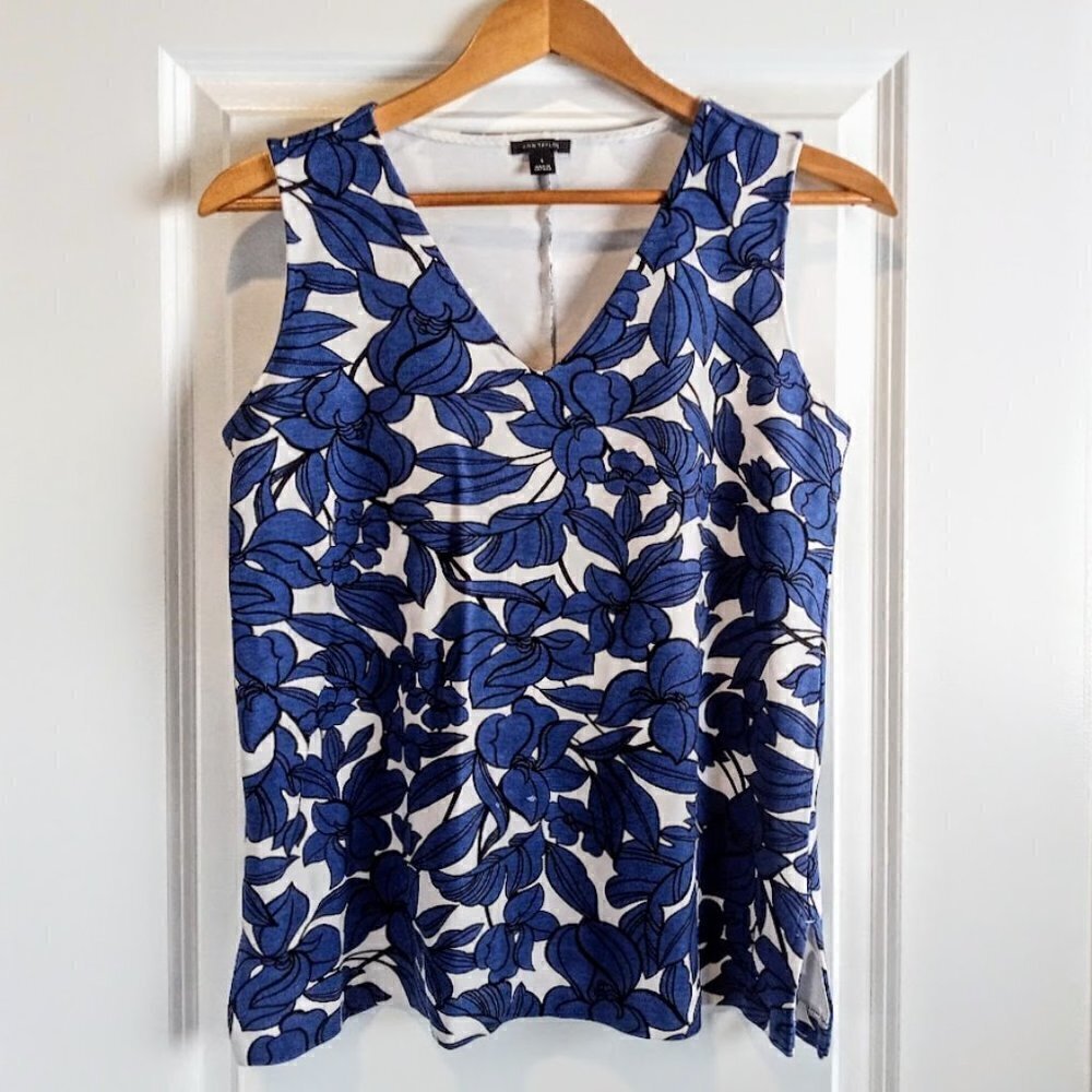 Ann Taylor Blue Black White Floral Sleeveless Knit Top